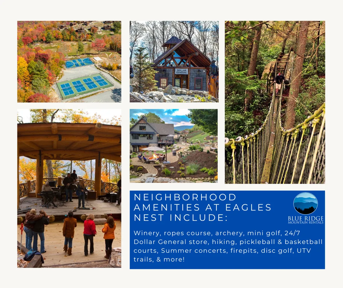 This image captures the lively outdoor stage and various resort amenities, including a rustic lodge, ropes course, and pickleball courts, all set against a scenic backdrop. People are enjoying live music, outdoor games, and social activities.